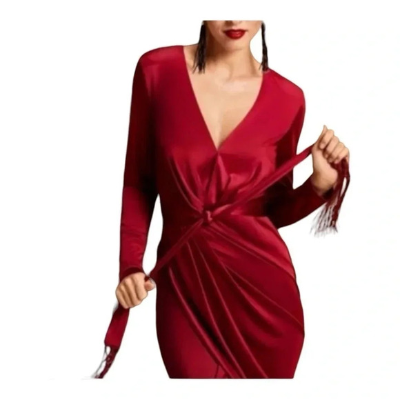 0388W.‎ ALTUZARRA FOR TARGET SATIN WRAP DRESS SIZE 4 MAROON IN COLOR; WITH BELT - Picture 2 of 11